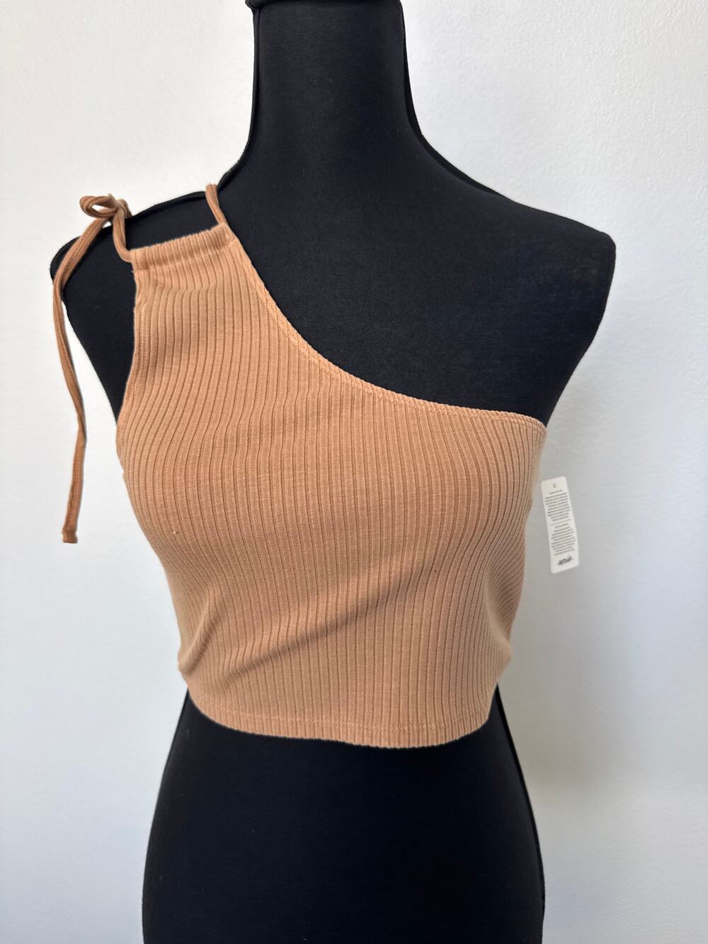 Aerie One Shoulder Asymmetric Fitted Ribbed Crop Top Tan Women's Size M NWT